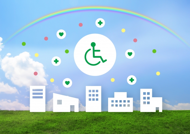 車椅子マークを中心に社会生活の様々なところでバリアフリーを意識した取り組みがなされていることを想起させるイメージ図。情報にもバリアフリーを。障がい者とその関係者のコミュニティ、情報サイト。ナレバリ